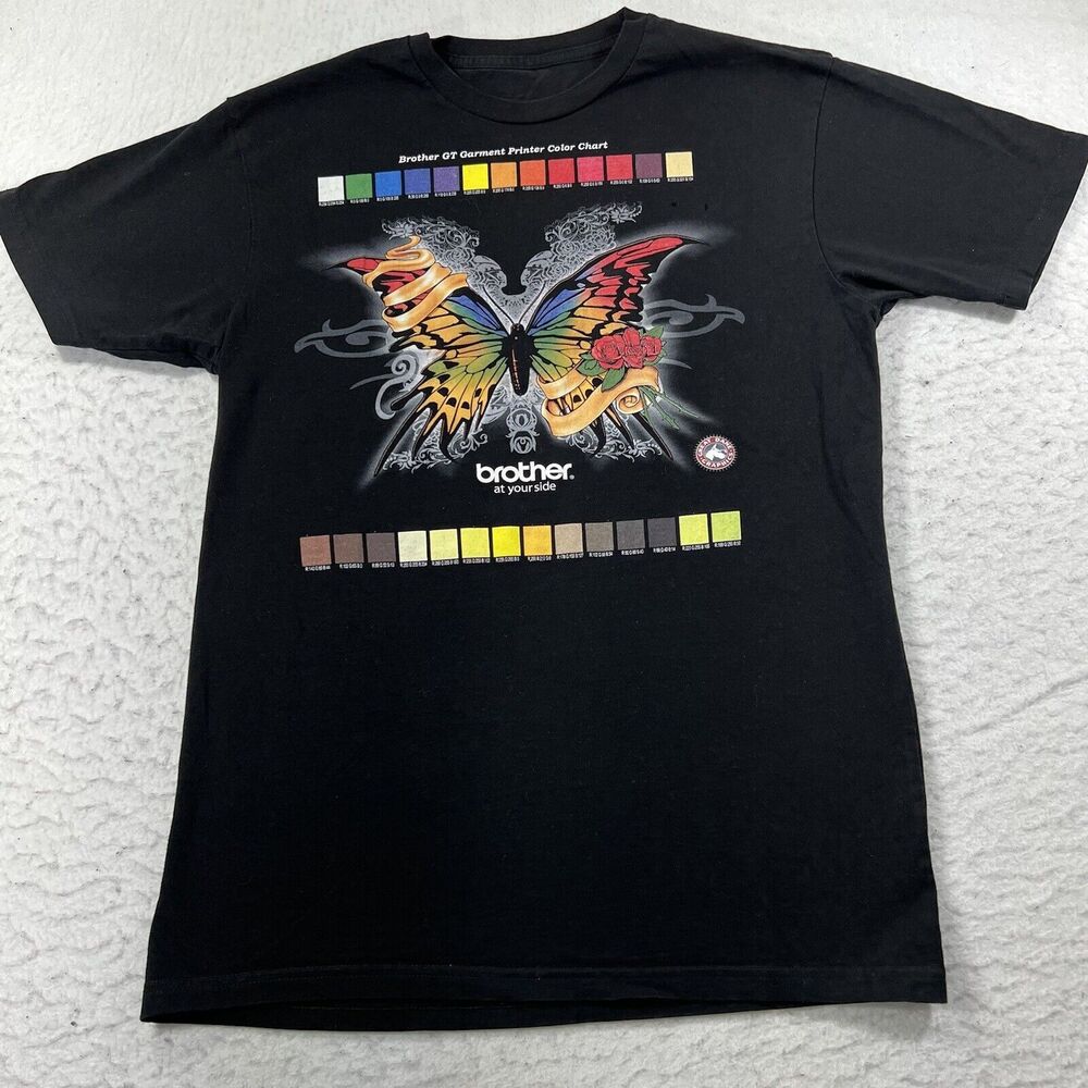 Brother Printer Men's Small Black Colorful Butterfly Design Graphic T Shirt